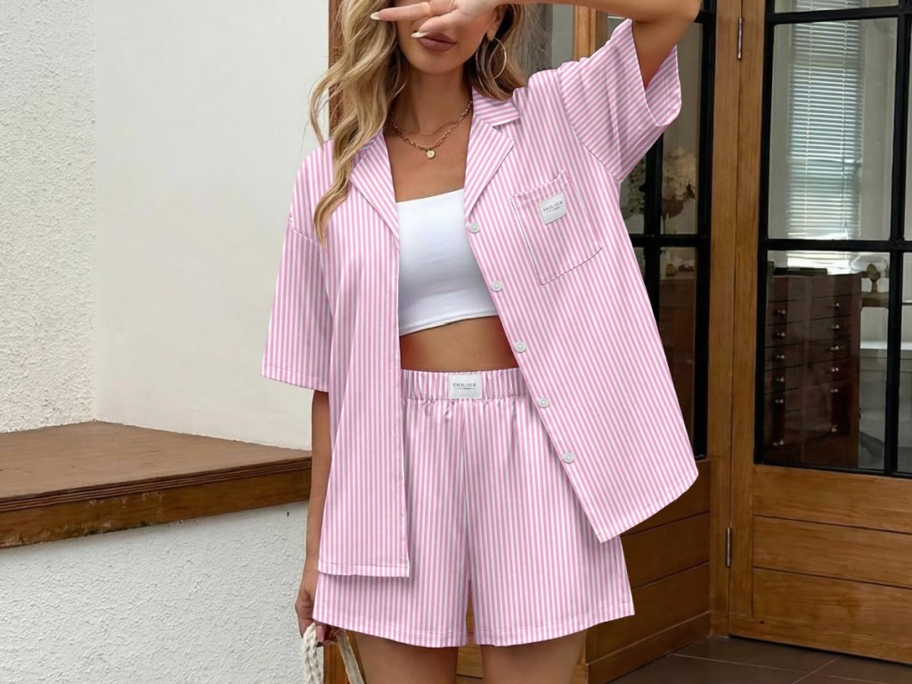 woman wearing pink and white lounge set
