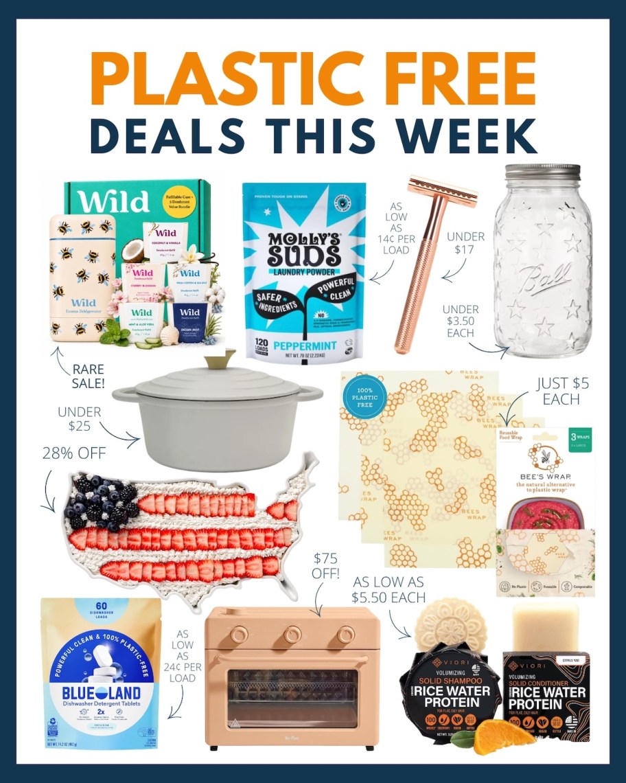 collage of plastic free deals this week with various items and deals