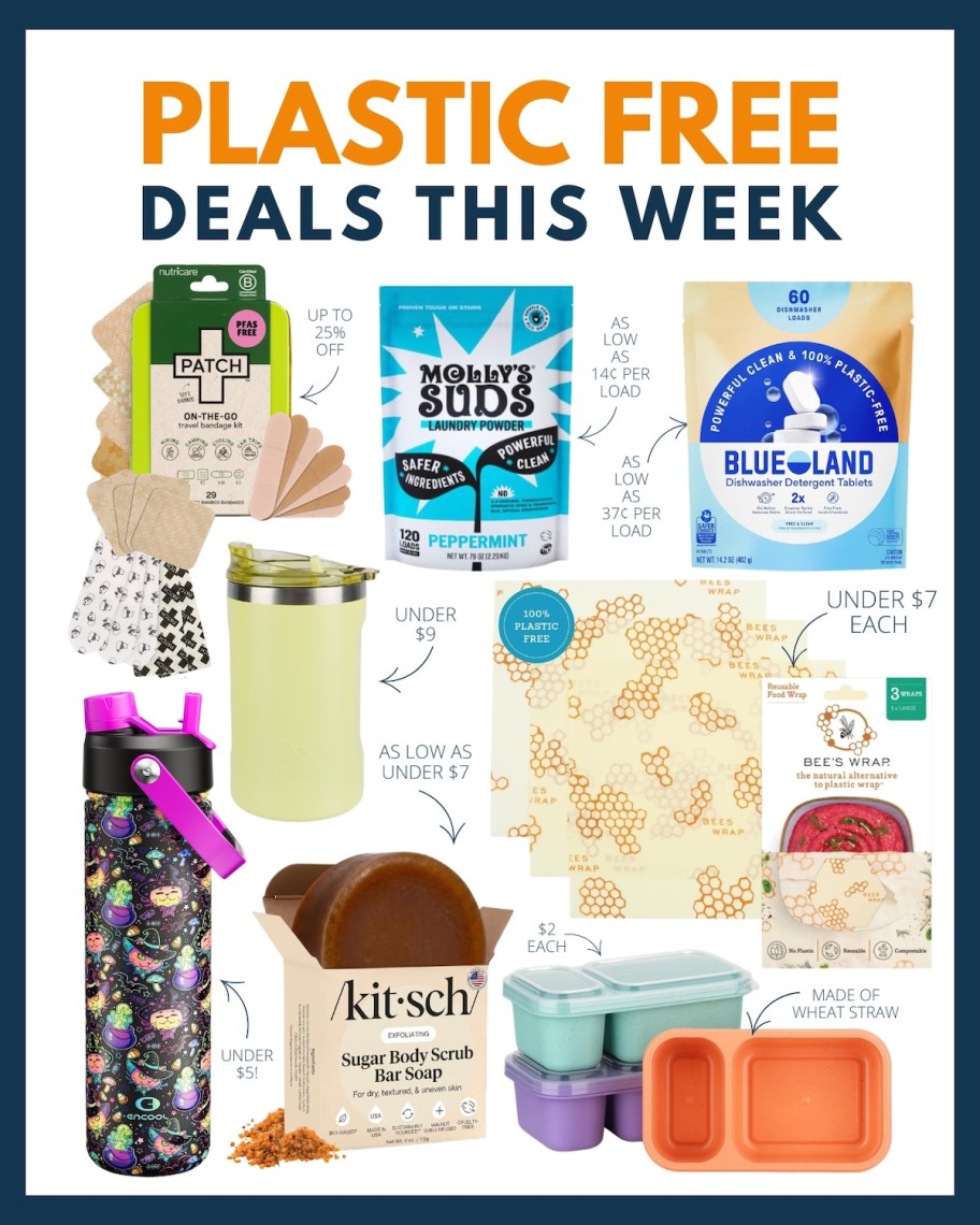 this weeks plastic free deals collage with various items on white background