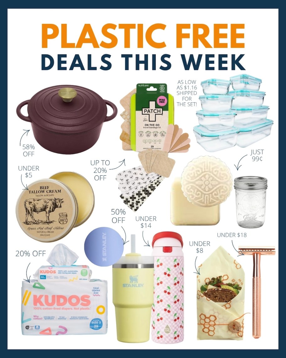 Classic free deals this week with various stock photos of plastic free items on white background