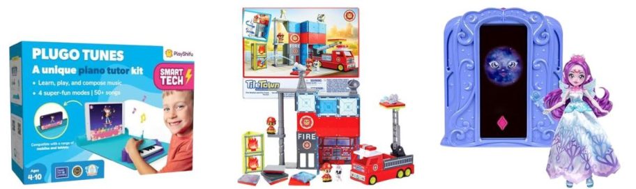 Plugo Tunes Interactive Piano Starter Kit, Tile Town Fire Station Magnetic Tiles Set, and Magic Mixies Pixie Supremes Magic Mirror