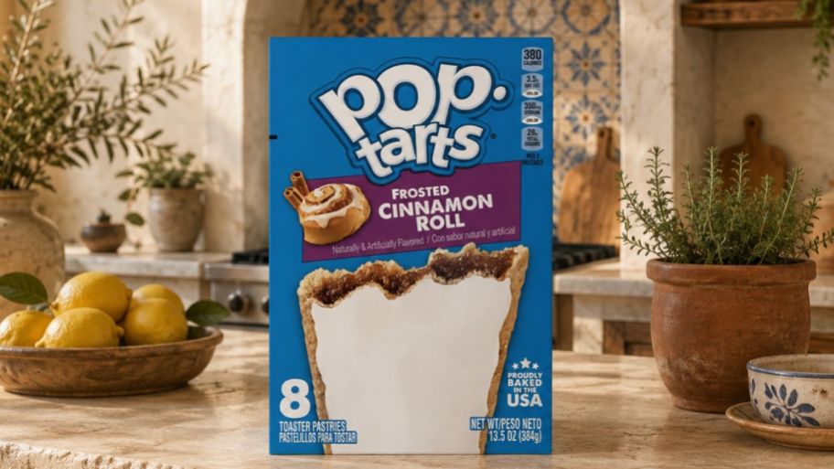 Pop tarts cinnamon roll on top of the kitchen island