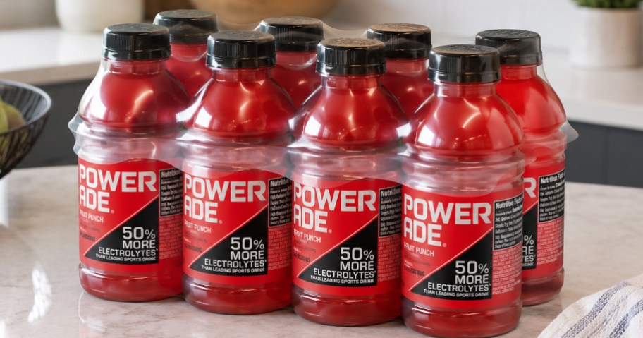 Powerade fruit punch drinks on a counter