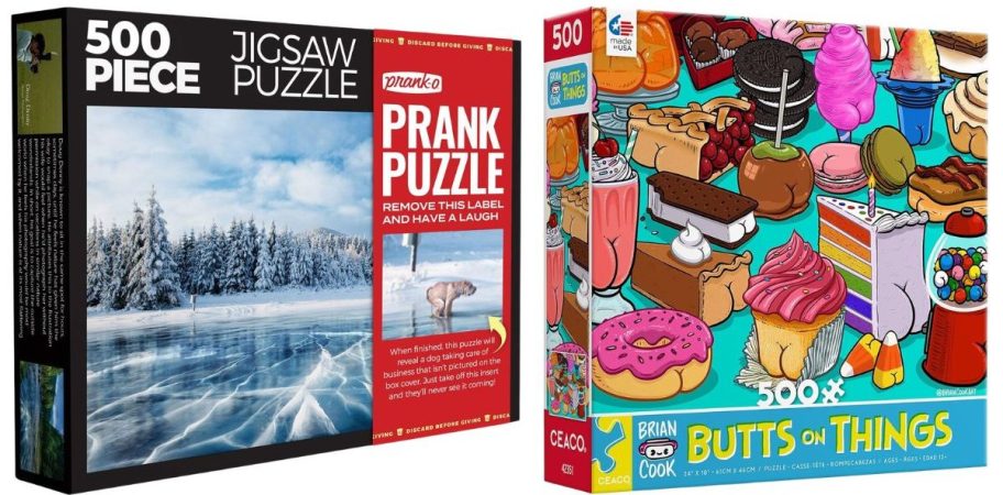 Prank-O 500 Piece Prank Frozen Serenity Pooping Dog Jigsaw Puzzle and CEACO 500-Piece Brian Cook Butts on Things Sweet Cheeks Jigsaw Puzzle