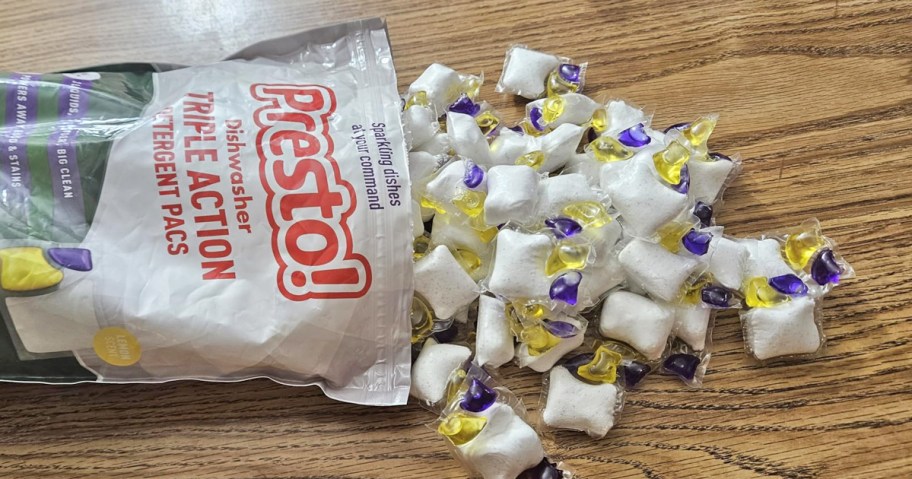 dishwasher pods spilling out of bag onto a table