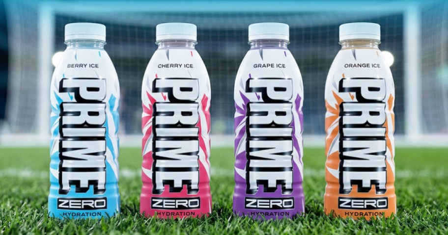 4 bottles of Prime Zero Hydration Drinks on a soccer field