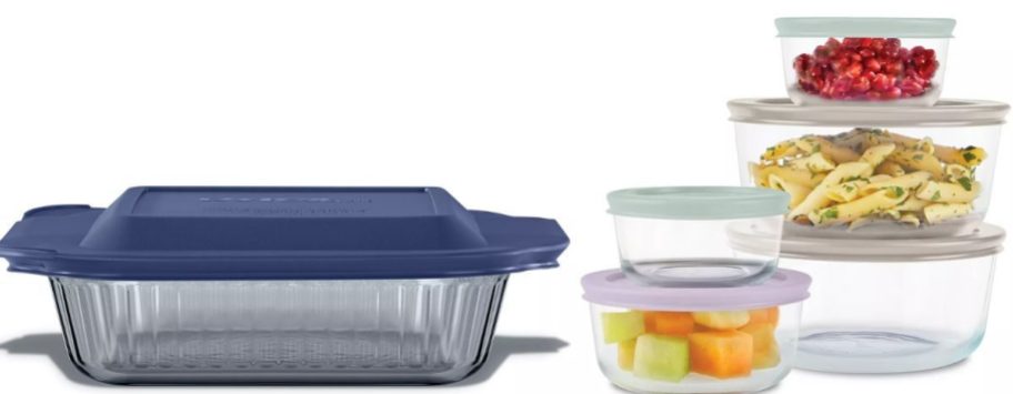 Pyrex sets in blue and with food inside