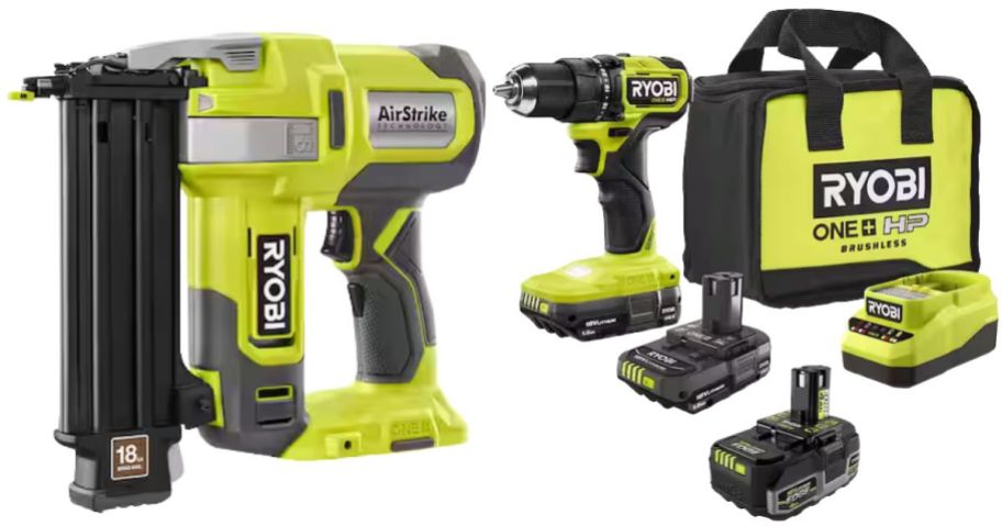 RYOBI ONE+ 18V 18-Gauge Cordless AirStrike Brad Nailer and Brushless Compact 12 DrillDriver Kit w 3 Batteries & Charger