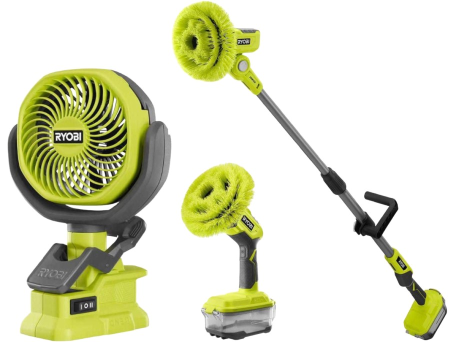 A Ryobi cordless clamping fan and two power scrubber cleaning tools shown against a white background.