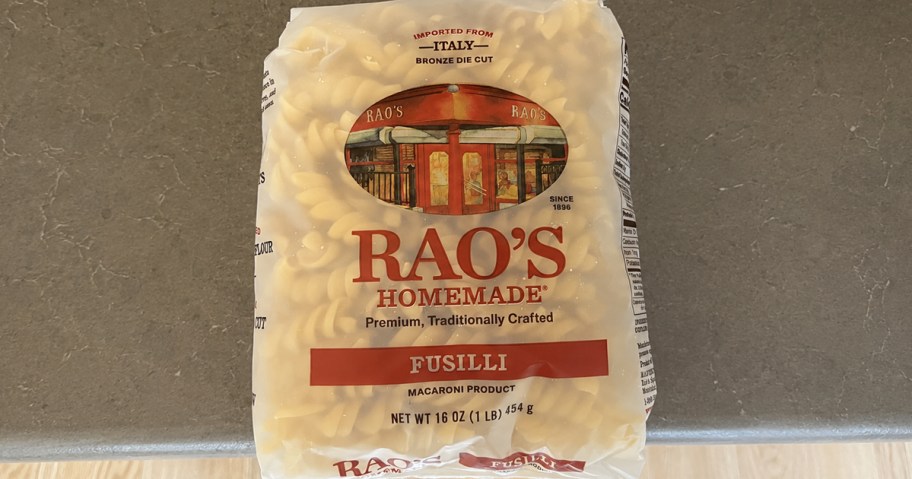 bag of rao's pasta on counter