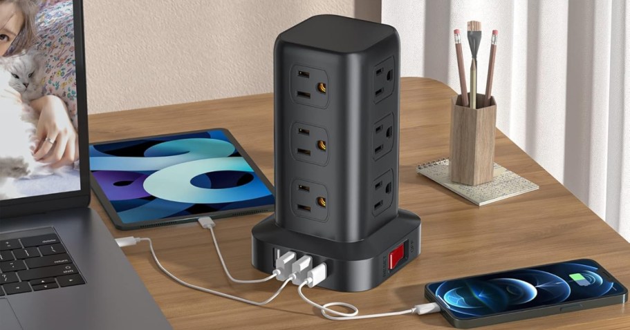 Surge Protector Tower w/ 12 Outlets & 4 USB Ports Just $16.99 on Amazon