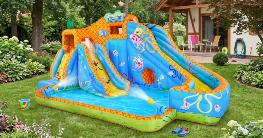 SUNNY & FUN SpongeBob Deluxe Adventure Inflatable Water Slide Park in backyard