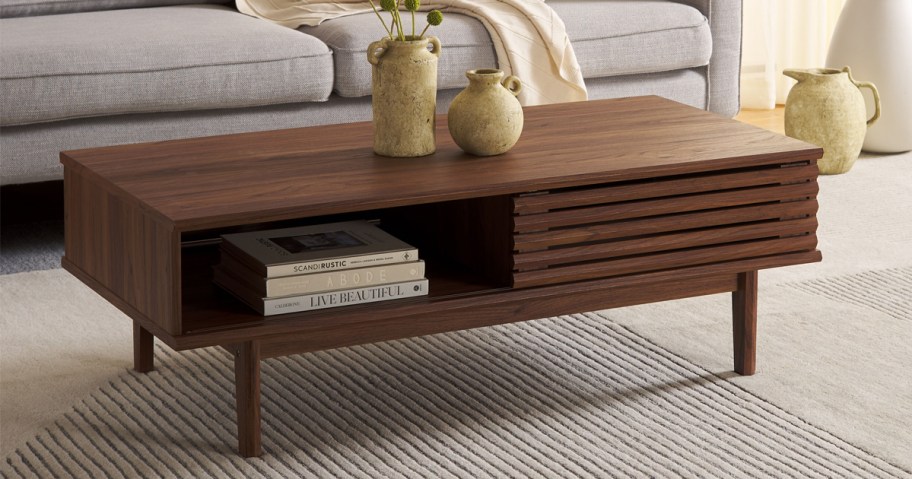 modern wood coffee table in a living room