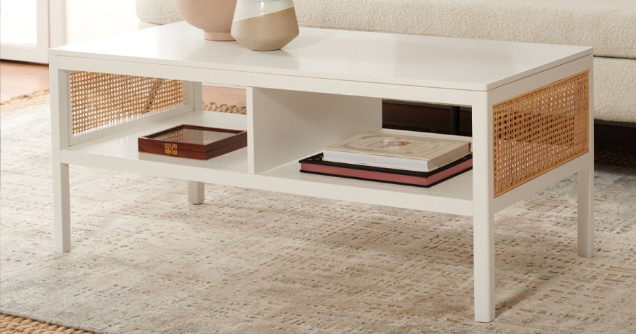 white and rattan coffee table in a living room