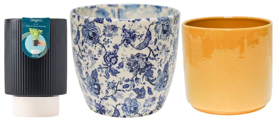 Sale Planters at Lowes including Blue floral and yellow bee option