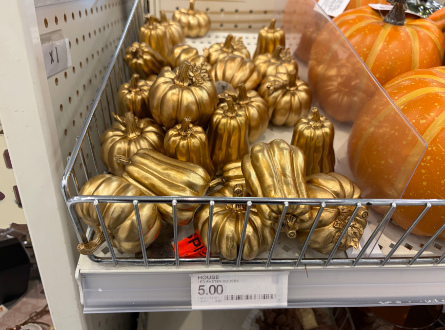 gold pumpkin figures on shelf 