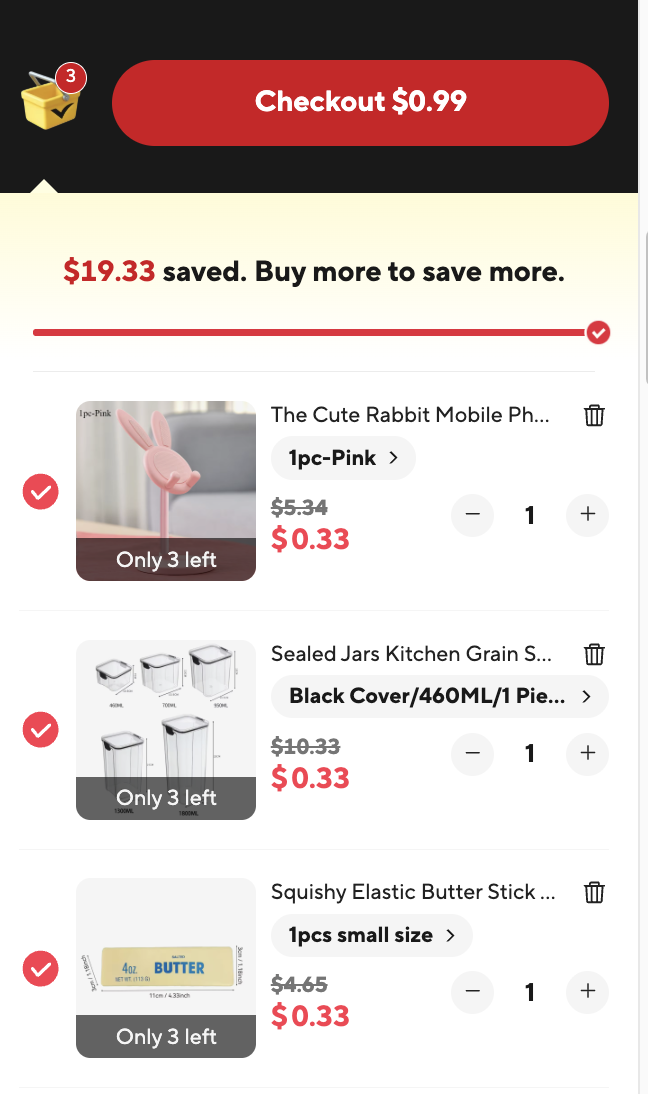 A screenshot of a cart screen from Aliexpress.