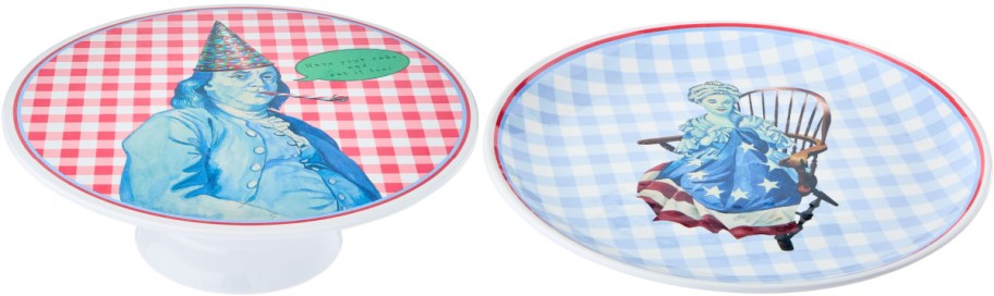 A decorative cake stand and serving plate with two different designs: one features a Ben Franklin character in a blue suit and party hat with a checkered background, while the other shows a figure in an American flag dress sitting in a rocking chair on a light blue checkered background.