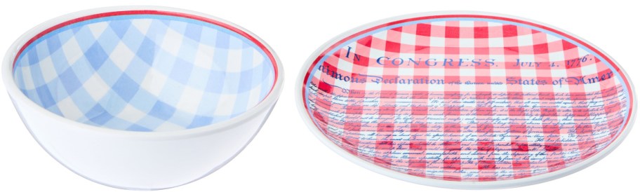 A bowl and a plate side by side: one with a light blue checkered pattern inside and a white exterior, the other with a red checkered pattern inside and also a white exterior.