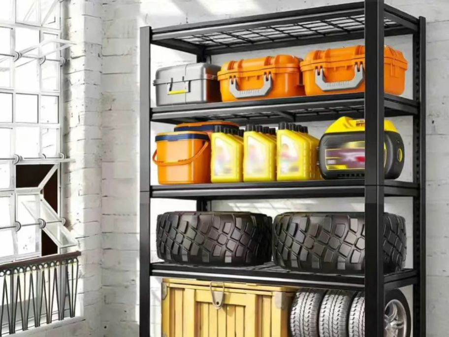 Large Aliexpress shelving with garage tools on it