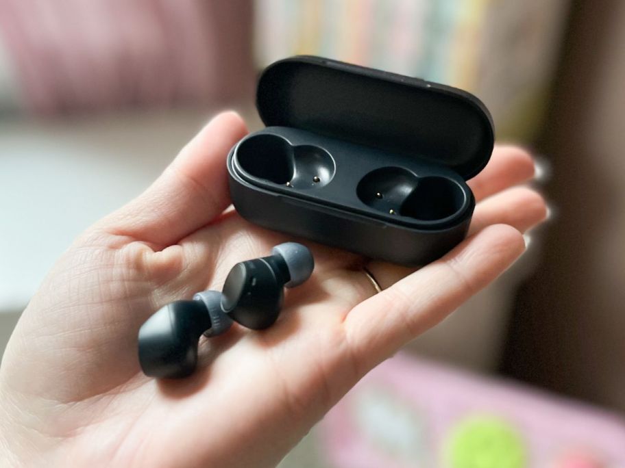 black Sony WF-C510 Truly Wireless Earbuds in hand