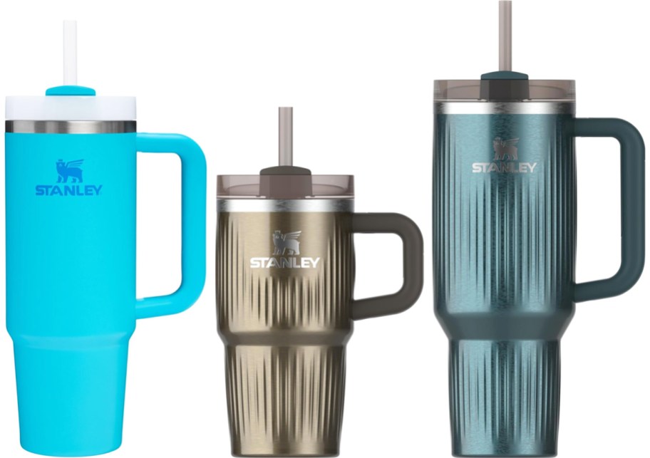 3 stanley tumblers in a row