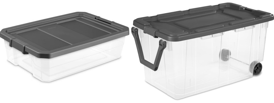 two clear storage bins with black lids