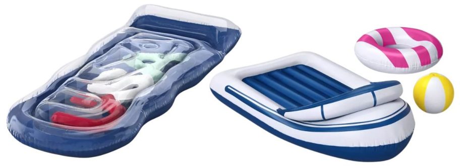 Sun Squad USA Lounge Novelty Float and Boat Inflatable w Ring Tube & Ball Novelty Float