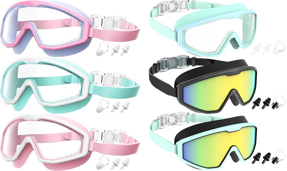 3-pack sets of swim goggles with ear and nose plugs