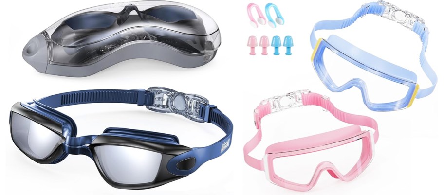 black, purple, and pink pairs of goggles