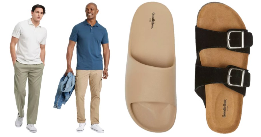 two men wearing polo and pants and two pairs of men's sandals