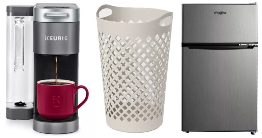 coffee maker, laundry basket and mini fridge