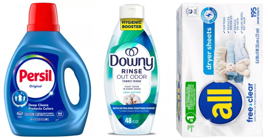 laundry detergent, fabric softener and dryer sheets