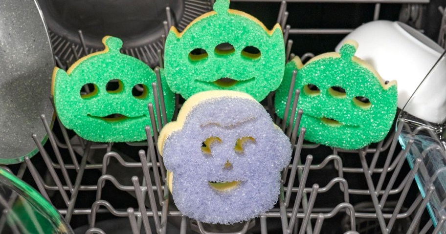 Toy Story Scrub Mommy Sponges in a dishwasher