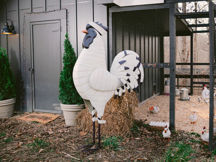 A large white metal mummy rooster yard decoration standing outside next to a wire chicken coop.