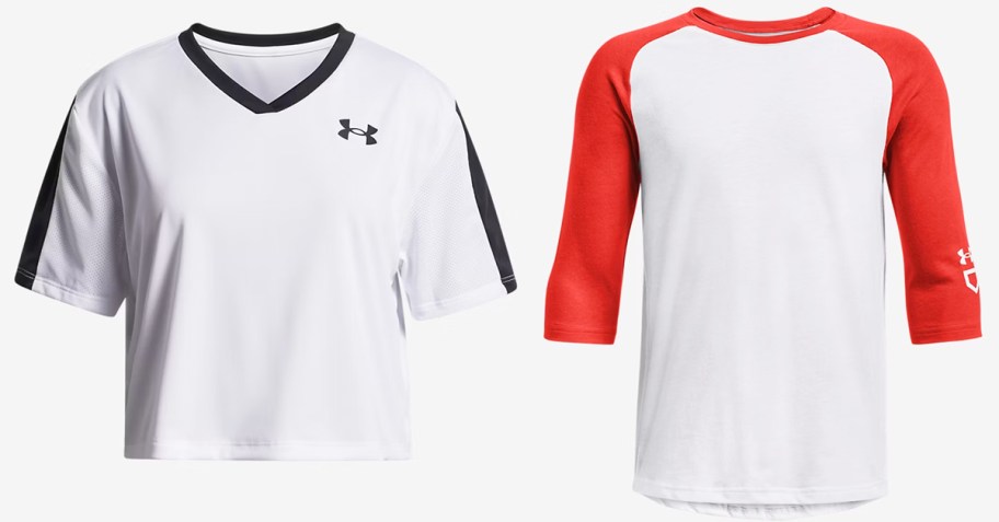 two white under armour shirts