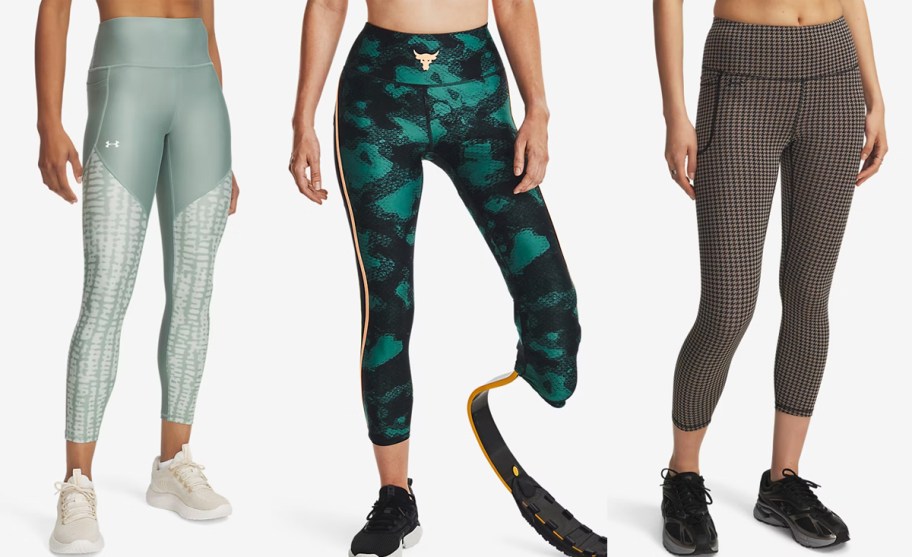 three women modeling printed leggings