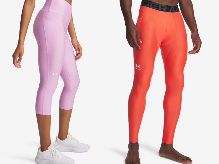 woman in pink leggings and man in orange leggings