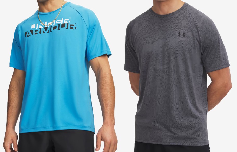two men in blue and grey t-shirts