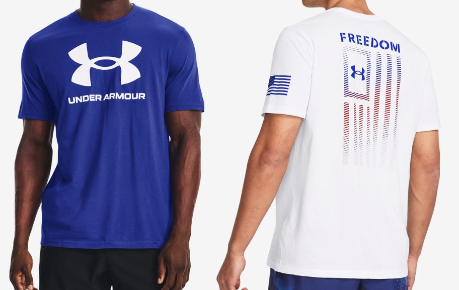 two men in blue and white graphic tees