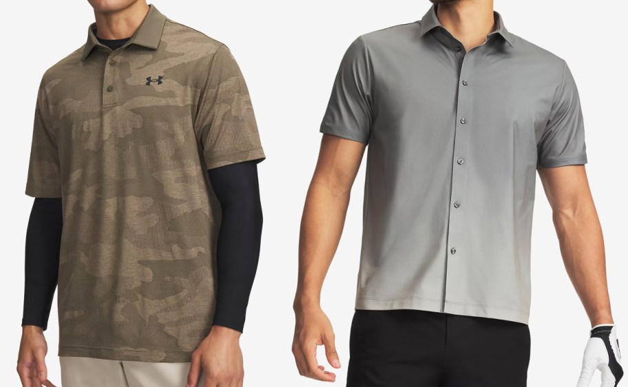 men in brown polo and grey button down shirt
