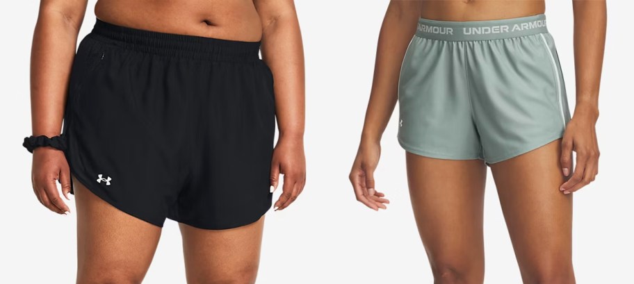 two women in black and sage green shorts
