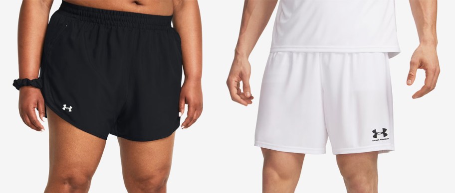 woman in black shorts and man in white shorts