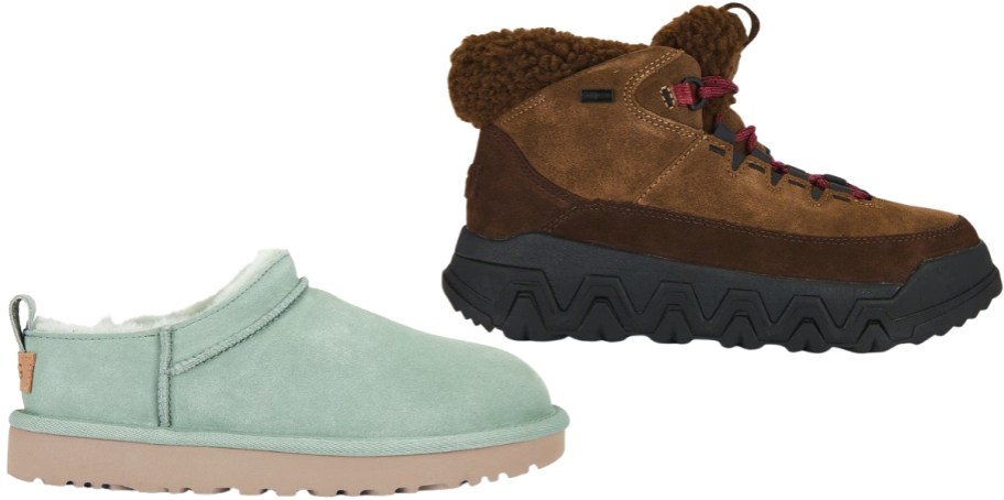an ugg clog and a lace up boot