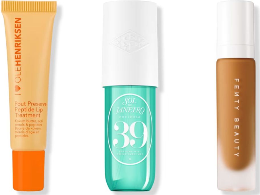 مخزون الصور من Olehenriksen Pout Preserve وSol de janeiro Spray وFenty Concealer.