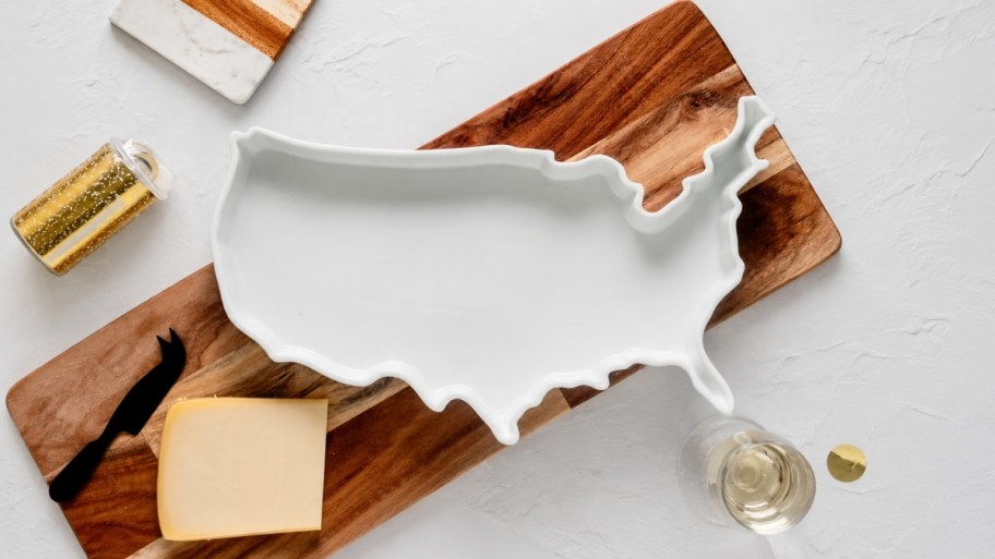 a usa-shaped baking dish on a counter top