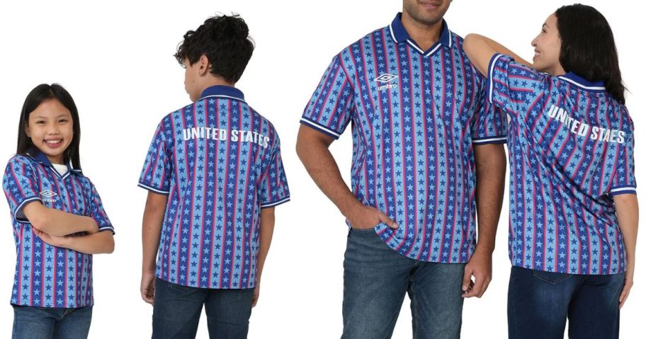 Stock images of kids and adults wearing patriotic UMBRO jerseys