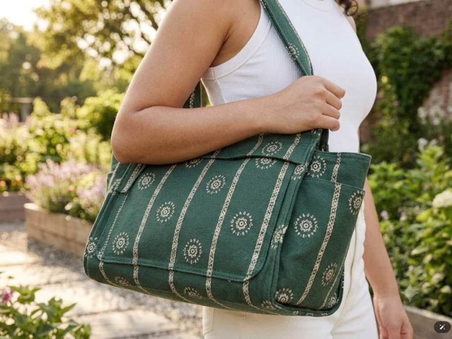 woman wearing universal thread canvas tote with a green floral design