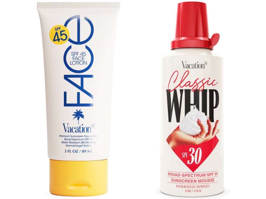 bottles of vacation face and whipped sunscreens