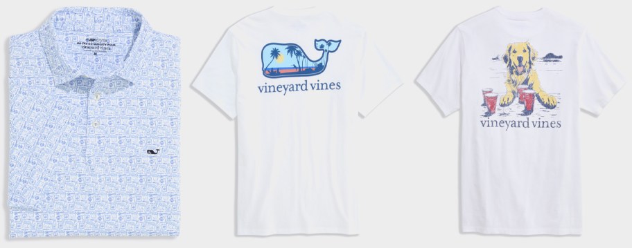 Vineyard Vines Performance Printed Sankaty Polo, Dog Frisbee Scenic Whale Short-Sleeve Pocket Tee, Pup Cup Short-Sleeve Pocket Tee